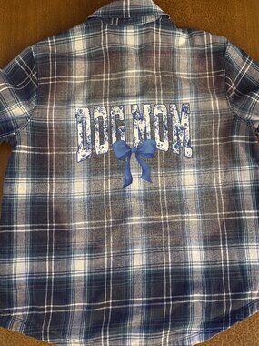 Dog Mom Flannel Inside Transfer Upcycled Handmade - Lee Riders Size Small S/P